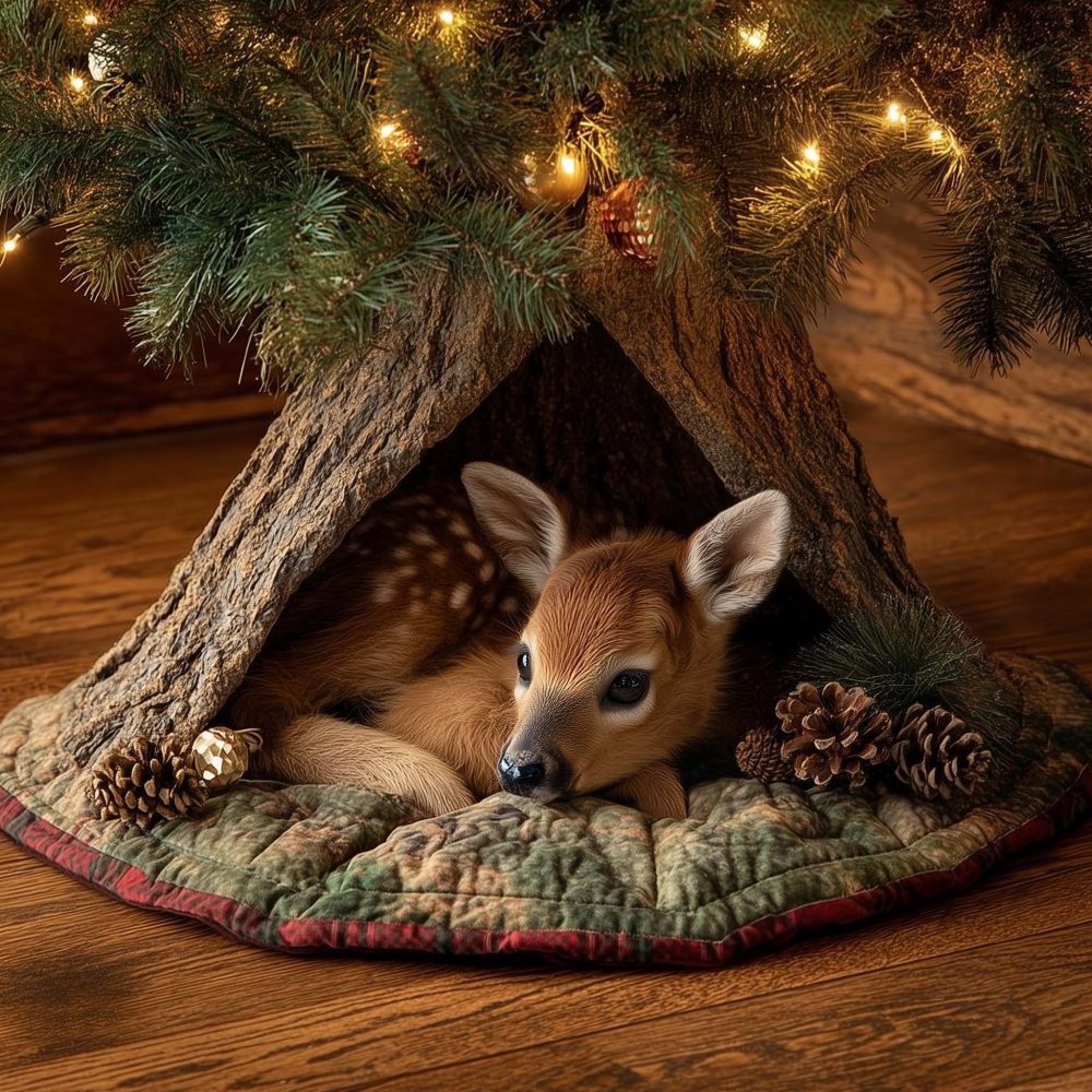 Handcrafted Green Moss Christmas Tree Skirt With Spotted Fawn Resting — Custom Made Woodland Holiday Decor, Multiple Sizes