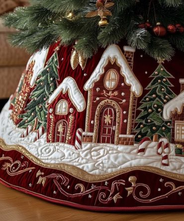 Snowbound Gingerbread Chapel Christmas Tree Skirt — Custom-Made Holiday Mat, High-Quality Print, Plush & Machine Care Options