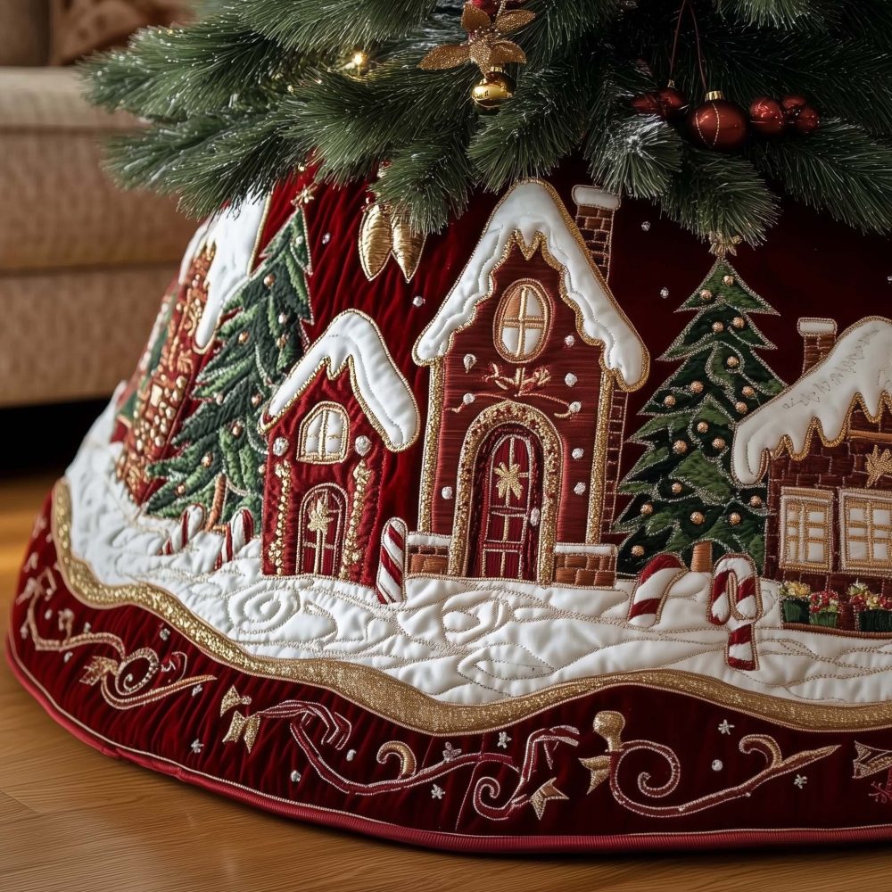Snowbound Gingerbread Chapel Christmas Tree Skirt — Custom-Made Holiday Mat, High-Quality Print, Plush & Machine Care Options
