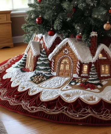 Gingerbread Cottage Lane Holiday Tree Skirt — Made-To-Order Festive Fabric, Detailed Illustration, Cozy Family Christmas Accent