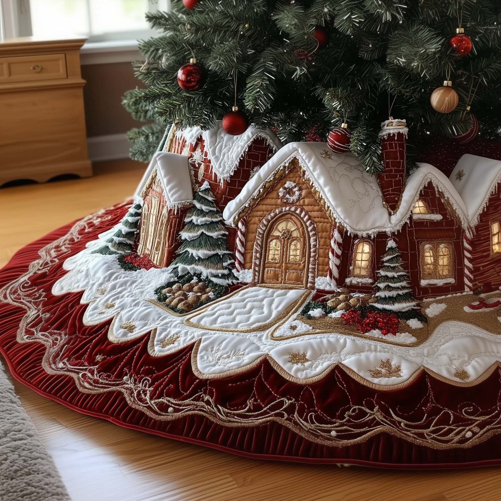 Gingerbread Cottage Lane Holiday Tree Skirt — Made-To-Order Festive Fabric, Detailed Illustration, Cozy Family Christmas Accent