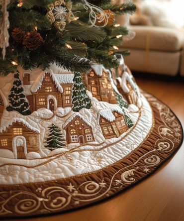 Gingerbread Village At Dusk Christmas Tree Skirt — Handcrafted Made-To-Order Holiday Scene, Soft Plush, Charming Gift-Ready Accent