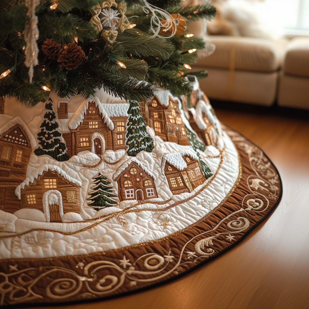 Gingerbread Village At Dusk Christmas Tree Skirt — Handcrafted Made-To-Order Holiday Scene, Soft Plush, Charming Gift-Ready Accent