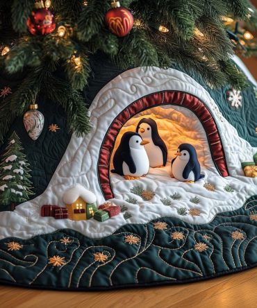 Snowy Igloo Christmas Tree Skirt With Playful Penguins - Handmade Quilted Winter Mat, Cozy Arctic Theme, Custom Made-To-Order Holiday Decor