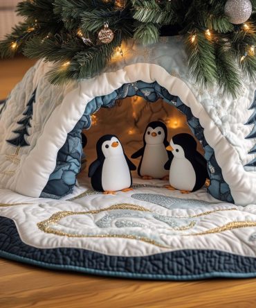 Penguin Pair In Ice Cave Christmas Tree Skirt - Handmade Winter Wonderland Quilted Skirt, Cute Arctic Holiday Accent, Made-To-Order