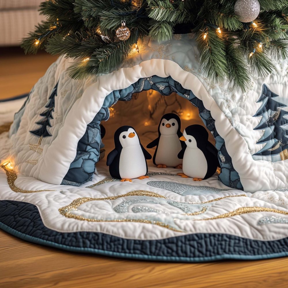 Penguin Pair In Ice Cave Christmas Tree Skirt - Handmade Winter Wonderland Quilted Skirt, Cute Arctic Holiday Accent, Made-To-Order