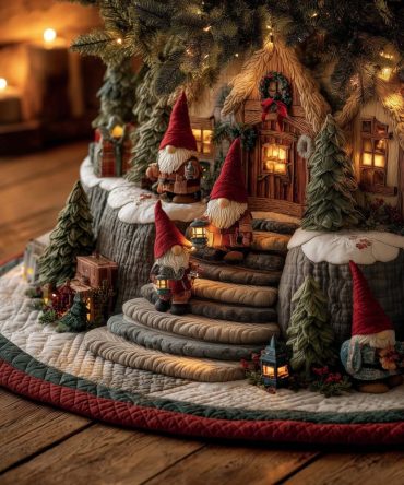 Snowy Hillside Gnome Christmas Tree Skirt - Handcrafted Village Scene With Gnomes, Custom Made To Order Holiday Decoration