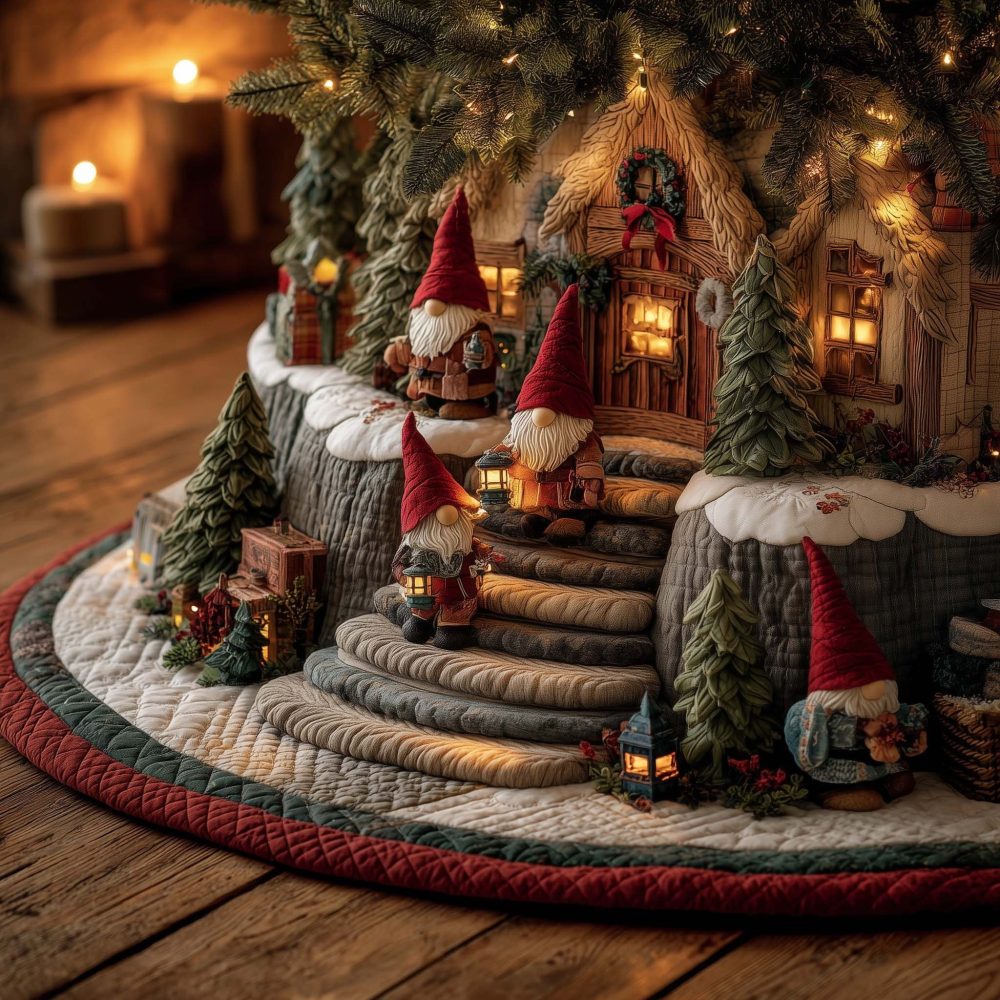 Snowy Hillside Gnome Christmas Tree Skirt - Handcrafted Village Scene With Gnomes, Custom Made To Order Holiday Decoration
