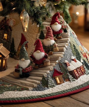 Handmade Gnome Christmas Tree Skirt With Snowy Village View - Made To Order Festive Tree Skirt, Charming Holiday Decor