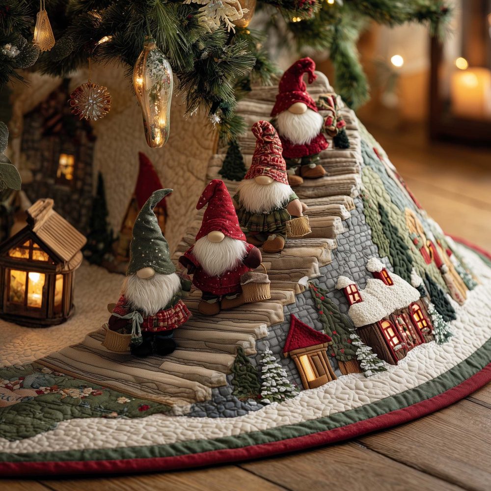 Handmade Gnome Christmas Tree Skirt With Snowy Village View - Made To Order Festive Tree Skirt, Charming Holiday Decor