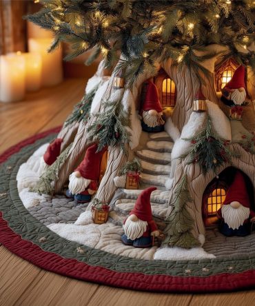 Lantern-Lit Tree Gnome Christmas Tree Skirt - Handcrafted Festive Scene With Gnomes, Made To Order Holiday Skirt