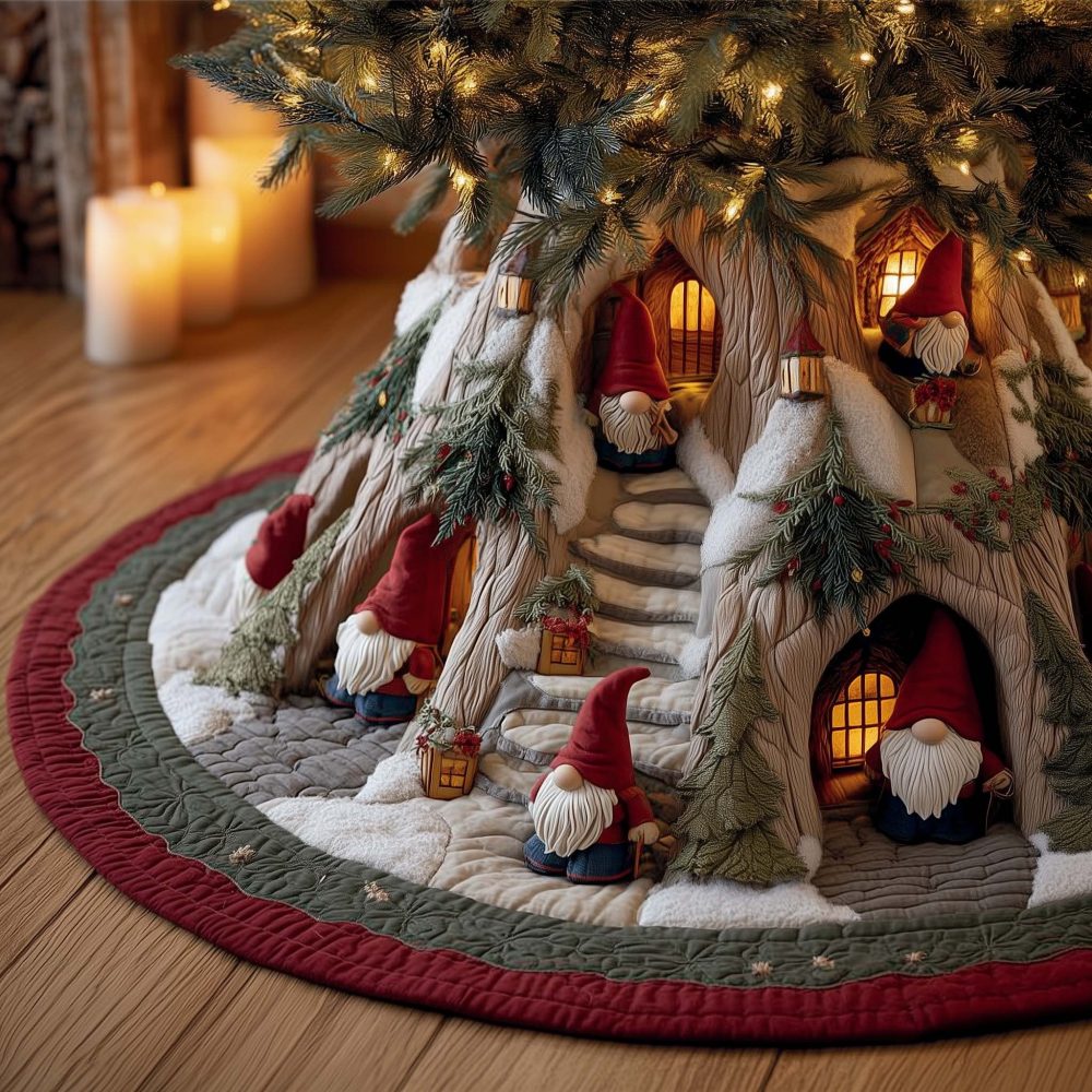 Lantern-Lit Tree Gnome Christmas Tree Skirt - Handcrafted Festive Scene With Gnomes, Made To Order Holiday Skirt