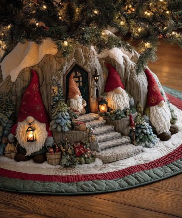 Snow-Covered Cottage Gnome Christmas Tree Skirt - Custom Holiday Skirt With Cozy Gnome Cottage Illustration, Made To Order