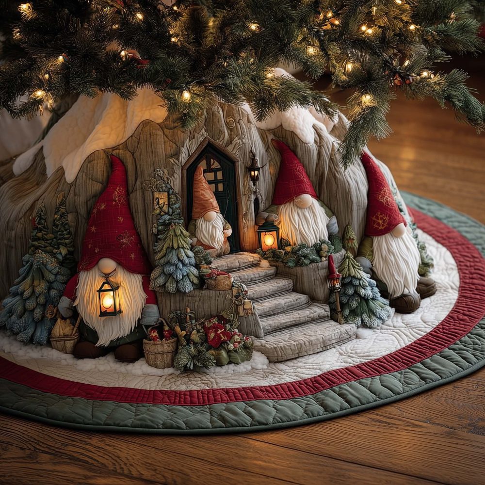 Snow-Covered Cottage Gnome Christmas Tree Skirt - Custom Holiday Skirt With Cozy Gnome Cottage Illustration, Made To Order