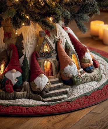 Cottage Steps Gnome Christmas Tree Skirt With Stone Stair Illustration - Made To Order Rustic Holiday Tree Skirt