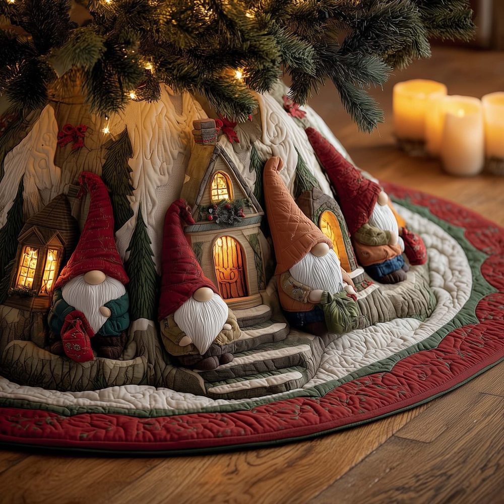 Cottage Steps Gnome Christmas Tree Skirt With Stone Stair Illustration - Made To Order Rustic Holiday Tree Skirt