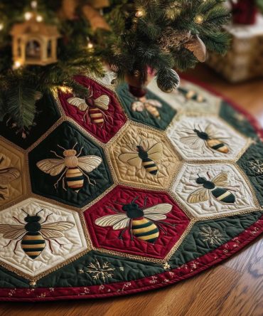 Classic Bee Christmas Tree Skirt — Timeless Honeybee Motif, Neutral Palette, Quilted Insulation, Custom Sizing, Durable Fabrics