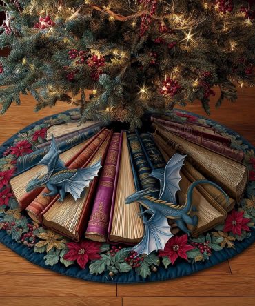 Artisan Library Dragon Tree Skirt - Literary-Themed Christmas Tree Base Cover, Custom Booklover Holiday Decor, Made To Order