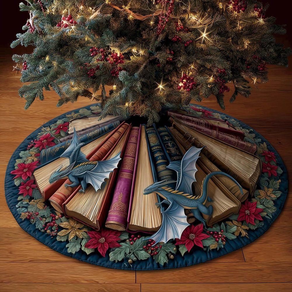 Artisan Library Dragon Tree Skirt - Literary-Themed Christmas Tree Base Cover, Custom Booklover Holiday Decor, Made To Order