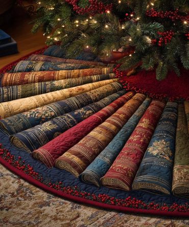 Jewel-Tone Radiant Bookshelf Tree Skirt — Library-Inspired Christmas Skirt With Colorful Spines, Book Lover Holiday Decor, Handmade
