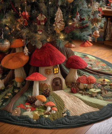 Red Mushroom Houses Meadow Christmas Tree Skirt - Handmade Fairy Tale Holiday Quilt, Enchanted Woodland Decor, Custom Made