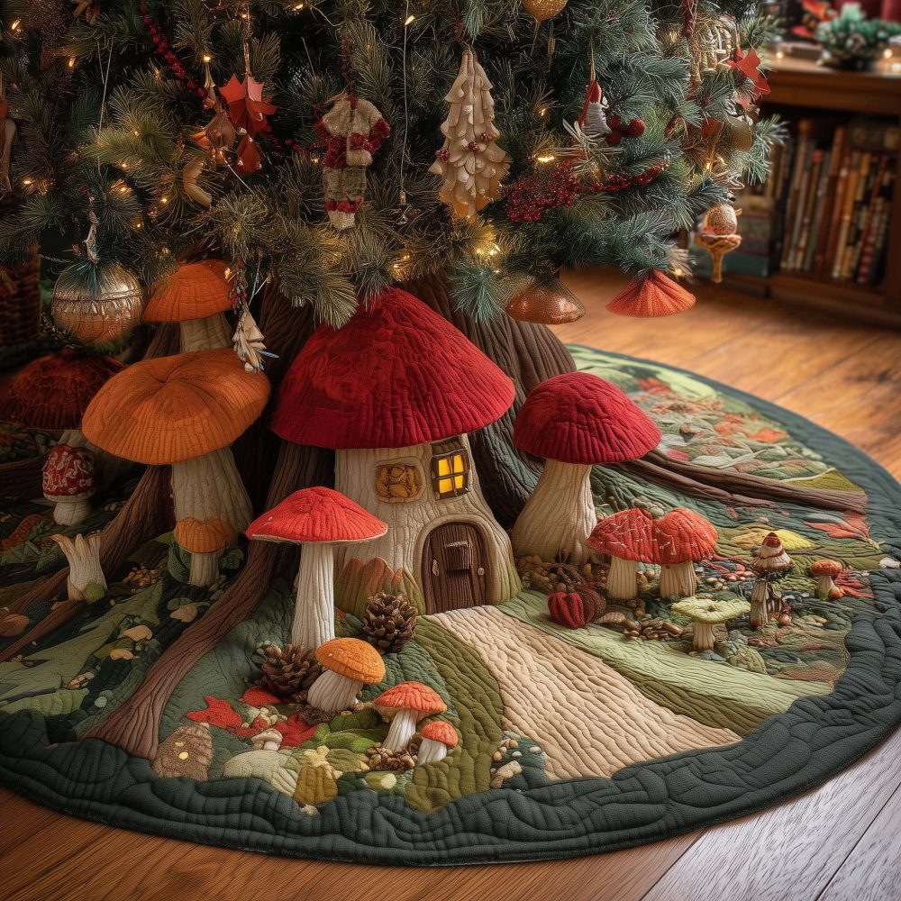 Red Mushroom Houses Meadow Christmas Tree Skirt - Handmade Fairy Tale Holiday Quilt, Enchanted Woodland Decor, Custom Made