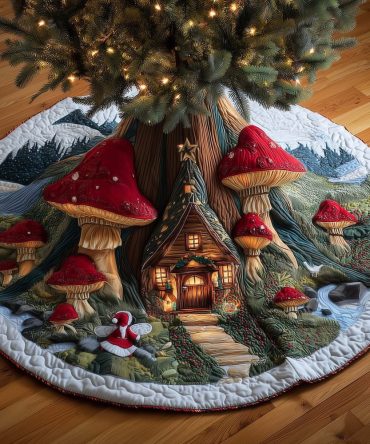 Glowing Cottage Mushroom Village Christmas Tree Skirt - Handmade Enchanted Quilt, Warm Glow Holiday Decor, Made-To-Order