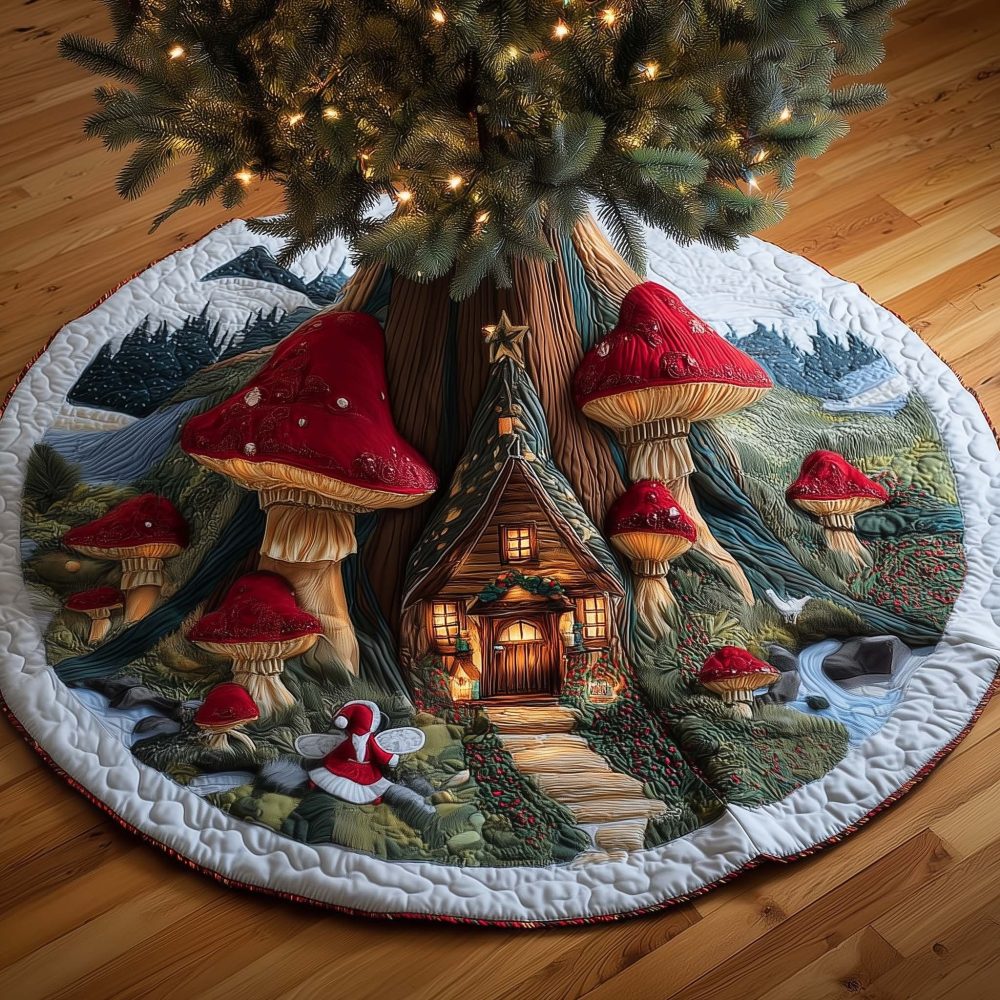 Glowing Cottage Mushroom Village Christmas Tree Skirt - Handmade Enchanted Quilt, Warm Glow Holiday Decor, Made-To-Order