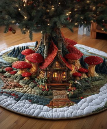 Whimsical Toadstool Cabin Tree Skirt Under Great Forest Tree - Handmade Fantasy Christmas Quilted Skirt, Cottage & Fairy Decor
