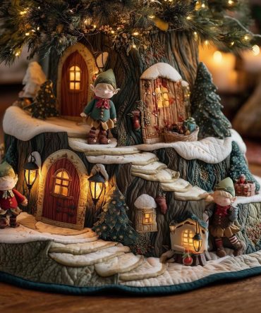 Snow Elf Tree Skirt — Charming Winter Elf & Snowflake Design, Soft Quilted Cotton, Custom Sizes, Ideal Holiday Centerpiece