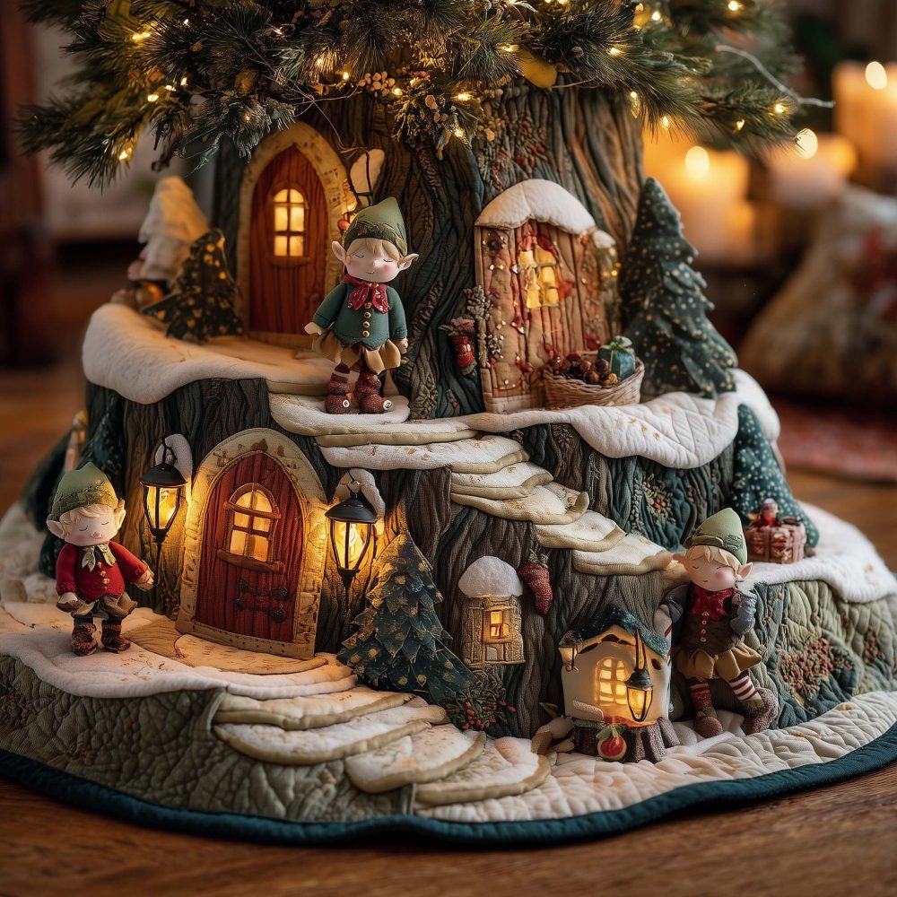 Snow Elf Tree Skirt — Charming Winter Elf & Snowflake Design, Soft Quilted Cotton, Custom Sizes, Ideal Holiday Centerpiece