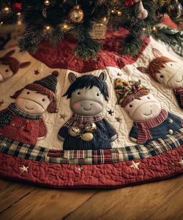 Charming Rag Doll Christmas Tree Skirt With Red Border — Handmade Vintage-Inspired Holiday Base, Custom Sizes For Festive Displays