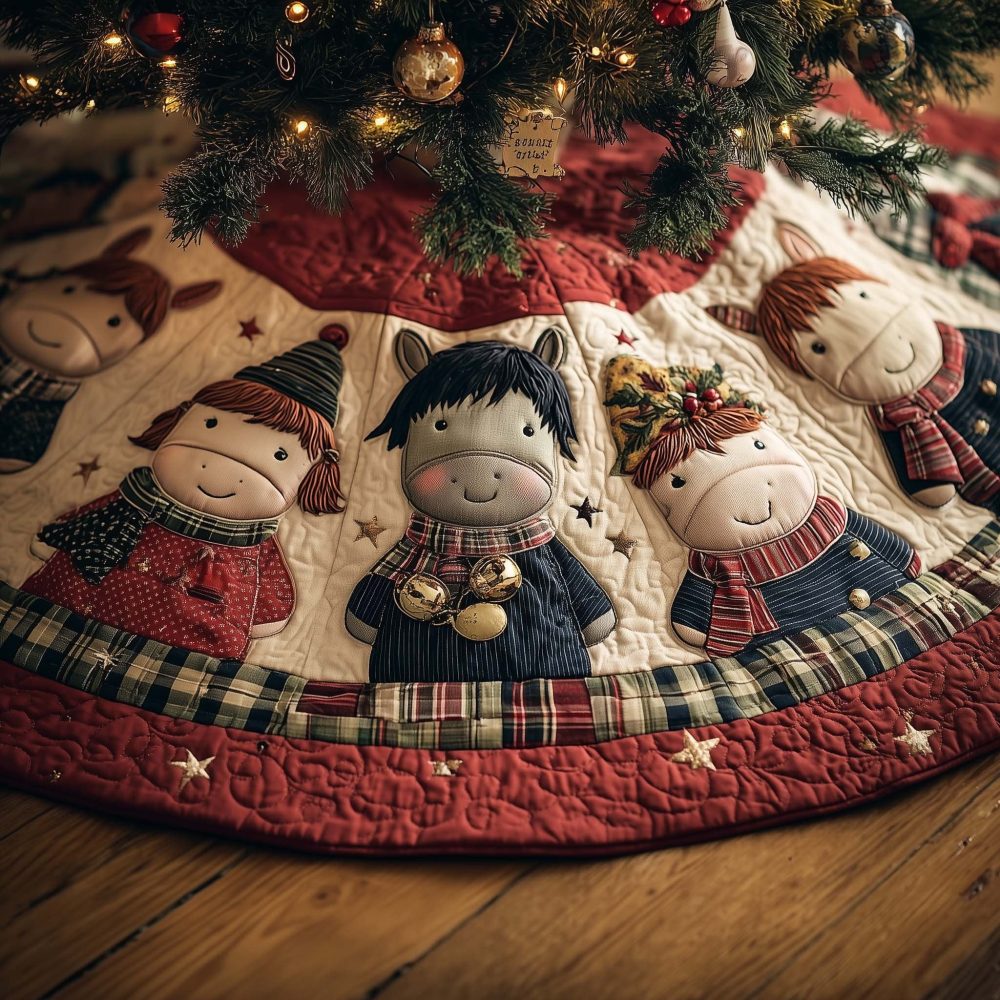 Charming Rag Doll Christmas Tree Skirt With Red Border — Handmade Vintage-Inspired Holiday Base, Custom Sizes For Festive Displays