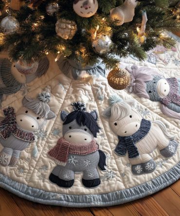 Knit Sweater Horse Plush Christmas Tree Skirt — Handmade Cozy Equestrian Holiday Accent, Custom Sizes & Soft Appliqué Details