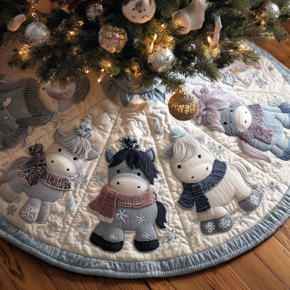 Knit Sweater Horse Plush Christmas Tree Skirt — Handmade Cozy Equestrian Holiday Accent, Custom Sizes & Soft Appliqué Details