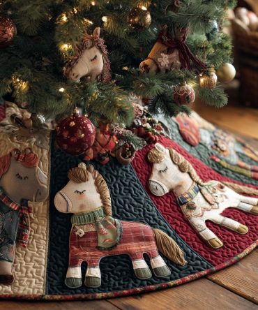 Classic Toy Horse Patchwork Christmas Tree Skirt In Red & Navy — Handmade Custom Holiday Skirt For Vintage & Family Traditions