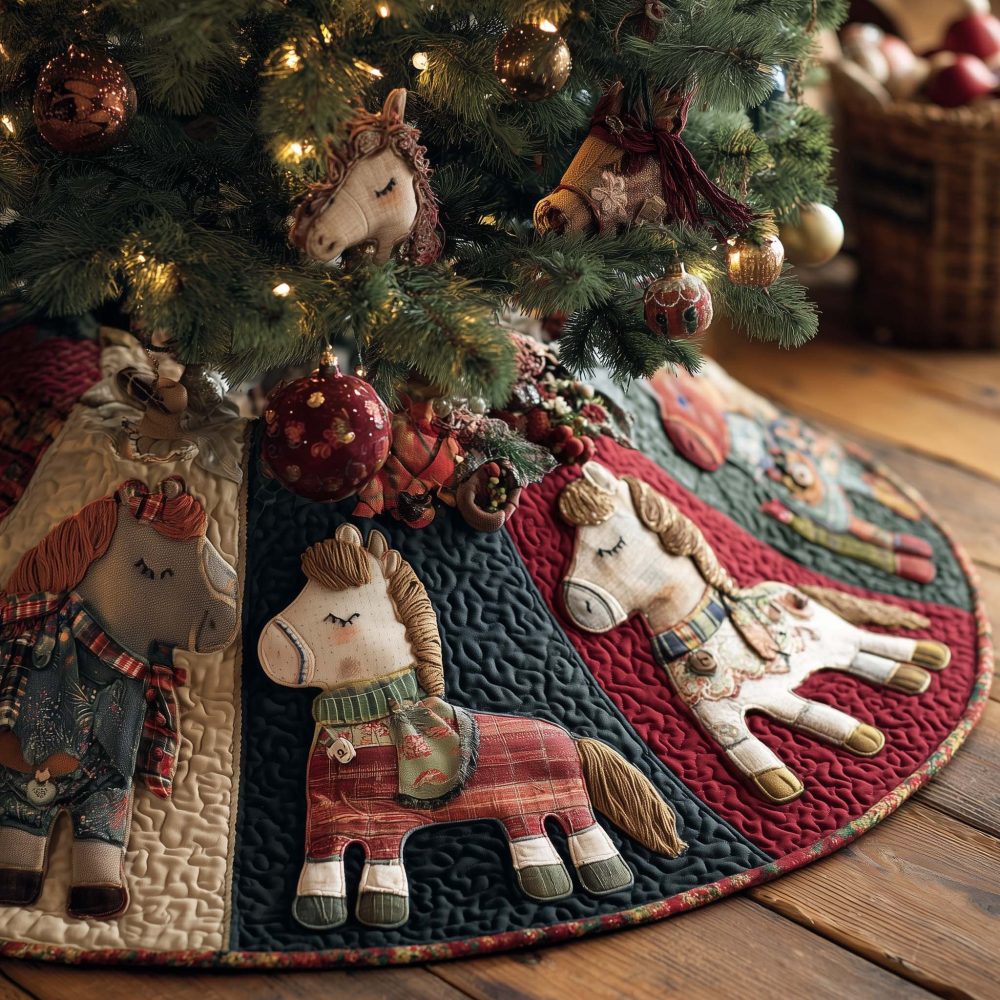Classic Toy Horse Patchwork Christmas Tree Skirt In Red & Navy — Handmade Custom Holiday Skirt For Vintage & Family Traditions