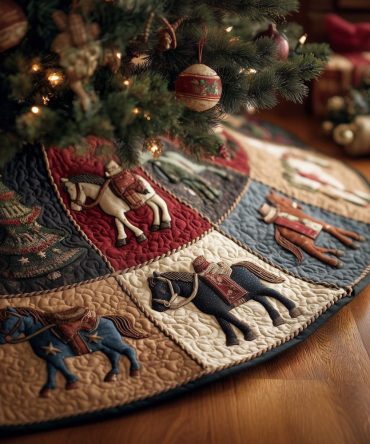 Patchwork Horse Silhouette Christmas Tree Skirt — Handmade Quilted Holiday Base With Rustic Patch Motifs, Custom Sizes Available