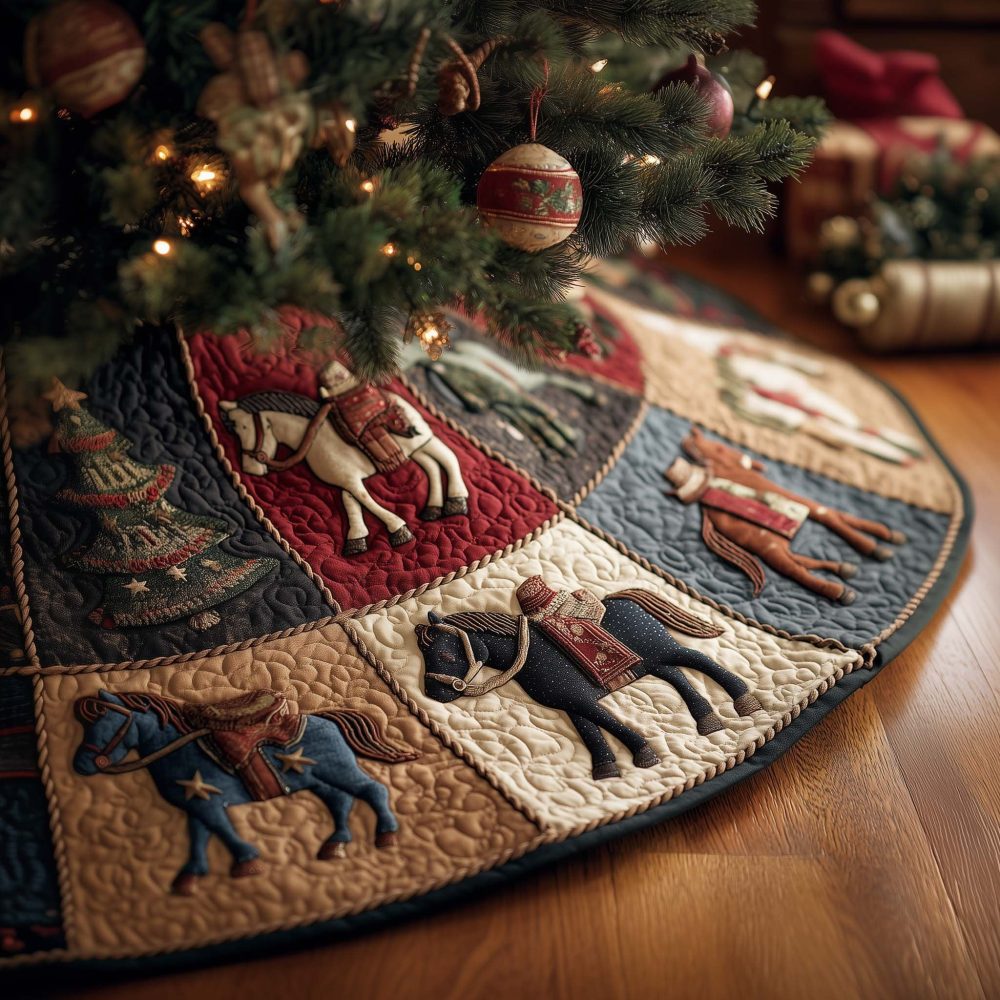 Patchwork Horse Silhouette Christmas Tree Skirt — Handmade Quilted Holiday Base With Rustic Patch Motifs, Custom Sizes Available