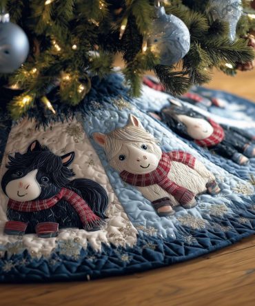 Soft Plush Horse Scarves Tree Skirt In Blue — Handmade Cozy Christmas Accent, Custom-Made Sizes For Comfortable Seasonal Styling