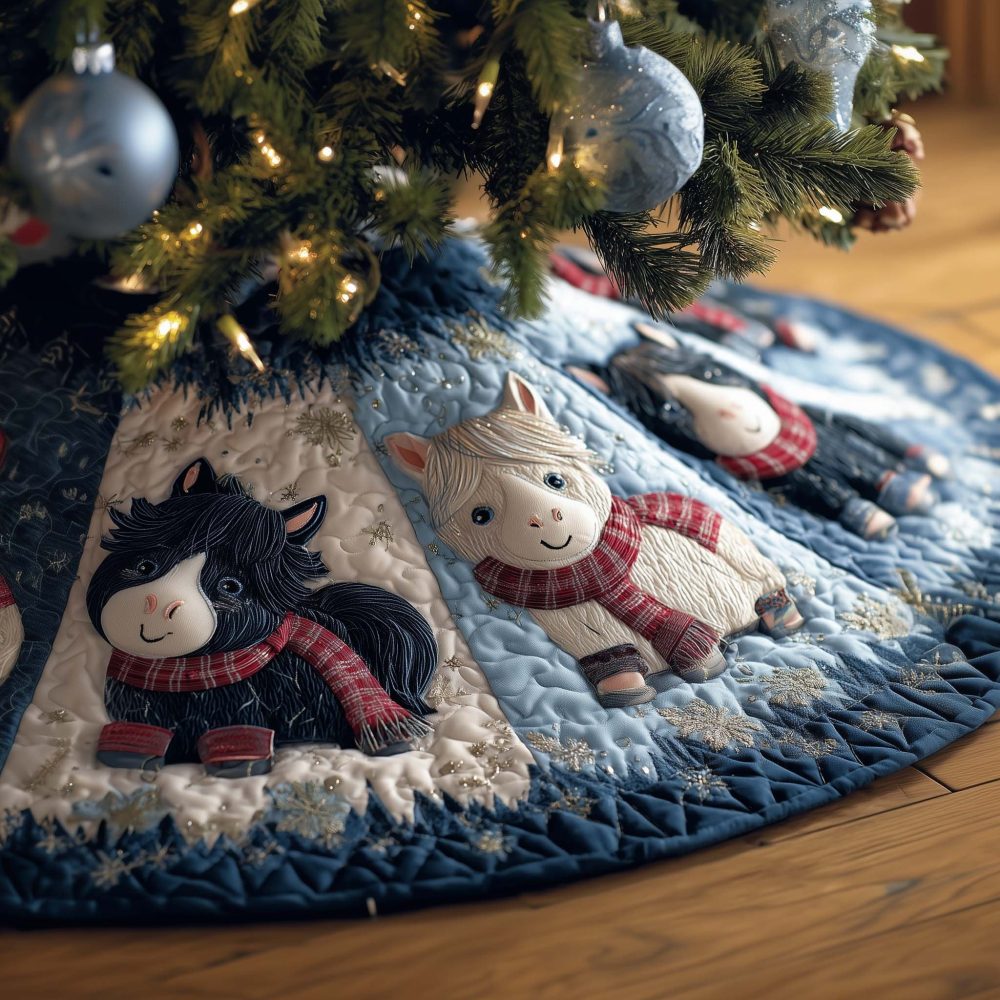 Soft Plush Horse Scarves Tree Skirt In Blue — Handmade Cozy Christmas Accent, Custom-Made Sizes For Comfortable Seasonal Styling