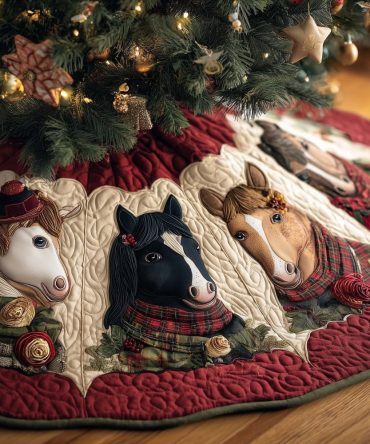 Cream Tree Skirt With Horses In Plaid Scarves — Handmade Cozy Holiday Décor, Custom-Made For Rustic Or Cottage Christmas Themes