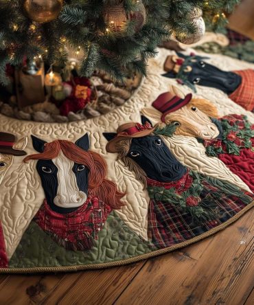 Festive Horse Hats Christmas Tree Skirt With Red Border — Handmade Custom Holiday Skirt For Equestrian & Country Celebrations