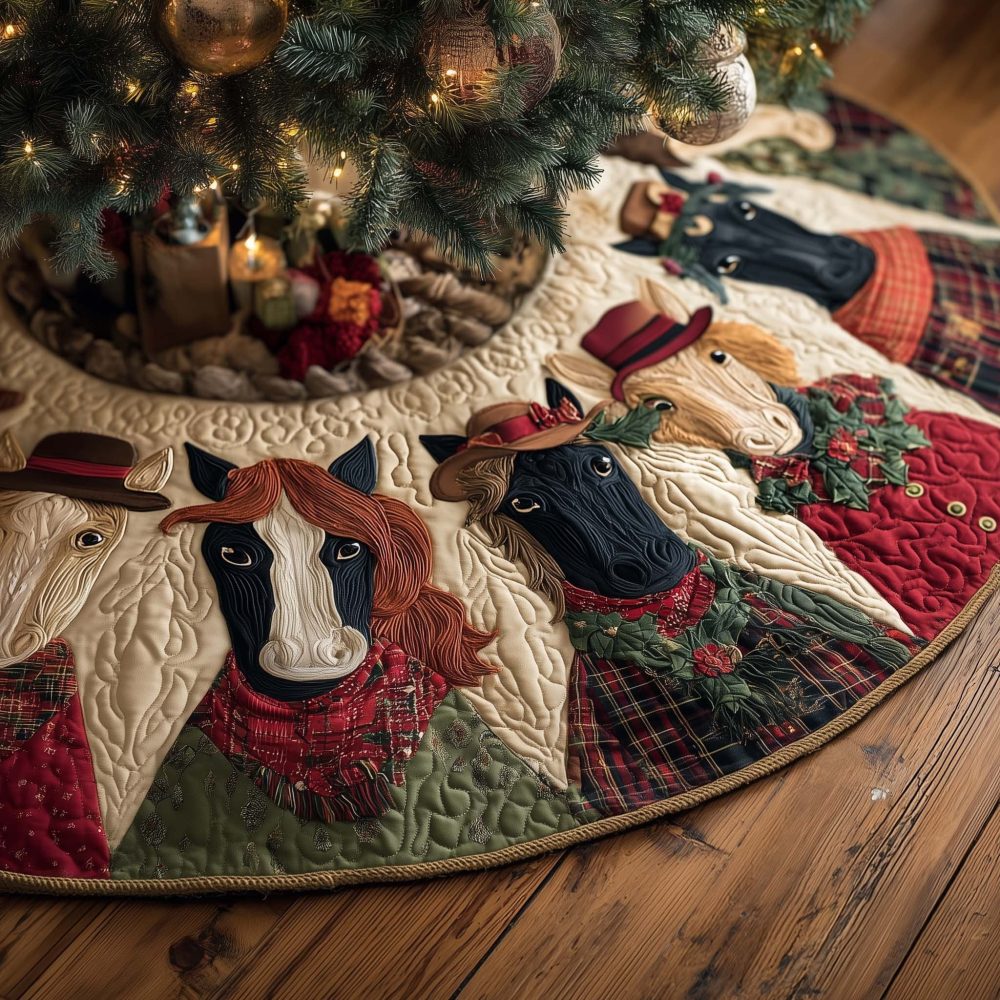 Festive Horse Hats Christmas Tree Skirt With Red Border — Handmade Custom Holiday Skirt For Equestrian & Country Celebrations