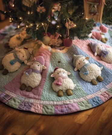 Pastel Bonnets & Sheep Christmas Tree Skirt — Made-To-Order Soft Color Holiday Accent, Sweet Cottage-Style Décor