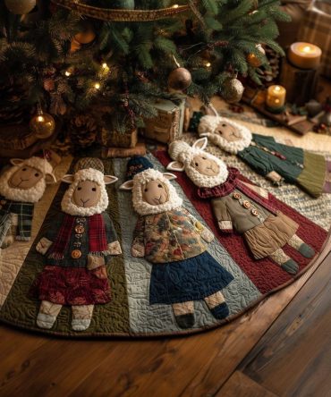 Country Dresses Sheep Patchwork Tree Skirt — Made-To-Order Charming Farmhouse Holiday Base, Quilt-Style Craftsmanship