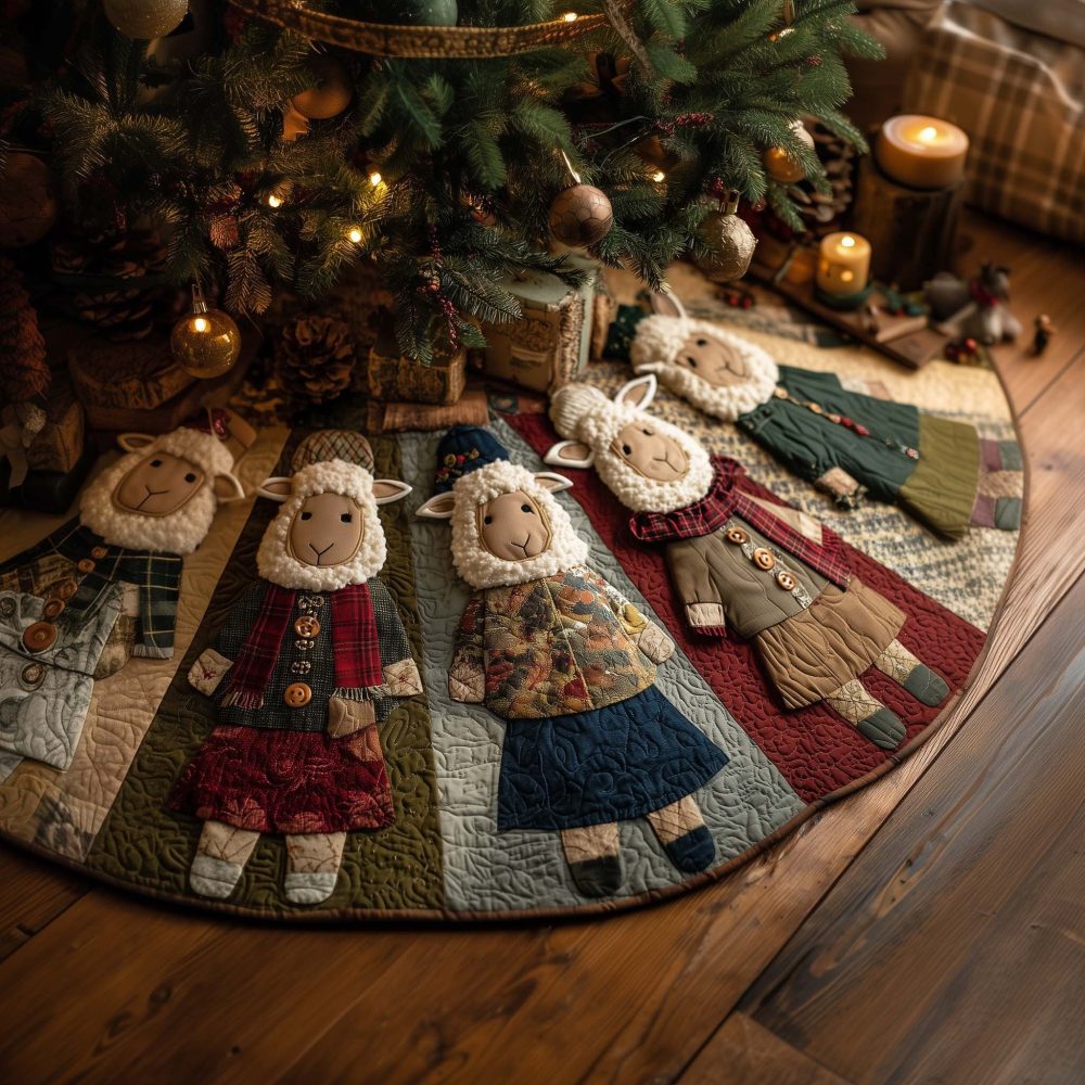 Country Dresses Sheep Patchwork Tree Skirt — Made-To-Order Charming Farmhouse Holiday Base, Quilt-Style Craftsmanship