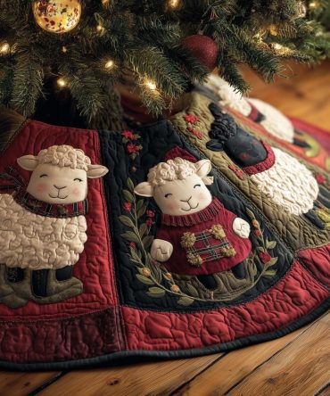 Crimson Panels Tree Skirt With Sheep In Red Sweaters — Made-To-Order Warm Holiday Base, Festive Farmhouse Style