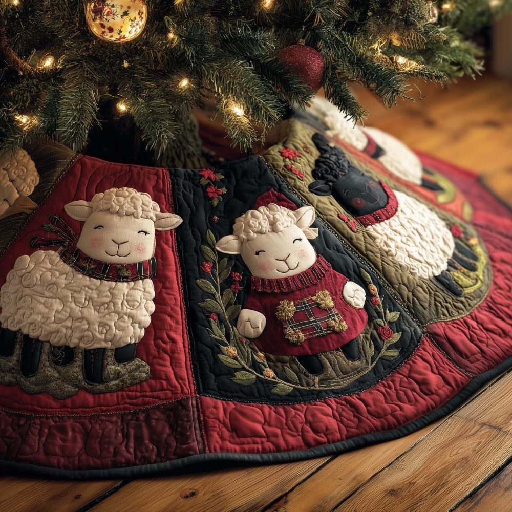 Crimson Panels Tree Skirt With Sheep In Red Sweaters — Made-To-Order Warm Holiday Base, Festive Farmhouse Style