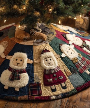 Plaid Panel Tree Skirt With Sheep In Scarves — Custom Made Holiday Decor, Cozy Patchwork Look For Classic Christmas Trees
